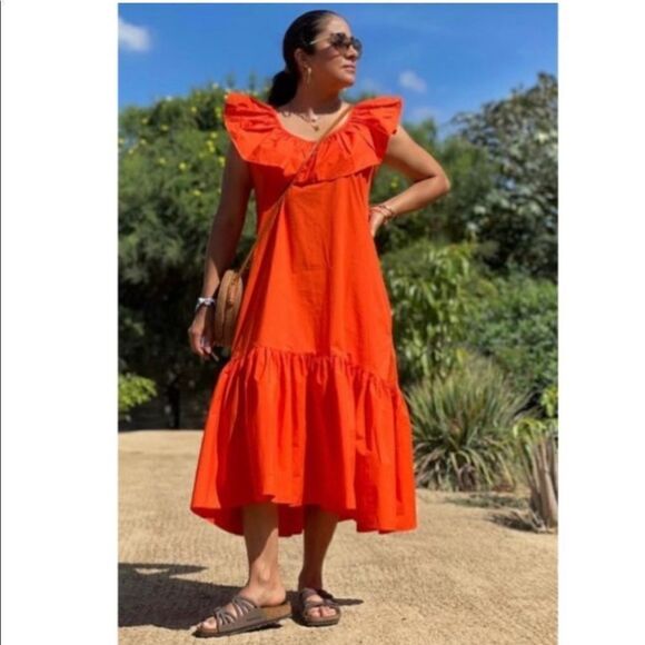 NEW WHIT TWO Anthropologie Flouncy Ruffle Midi Dress Orange XS Petite - Picture 2 of 15